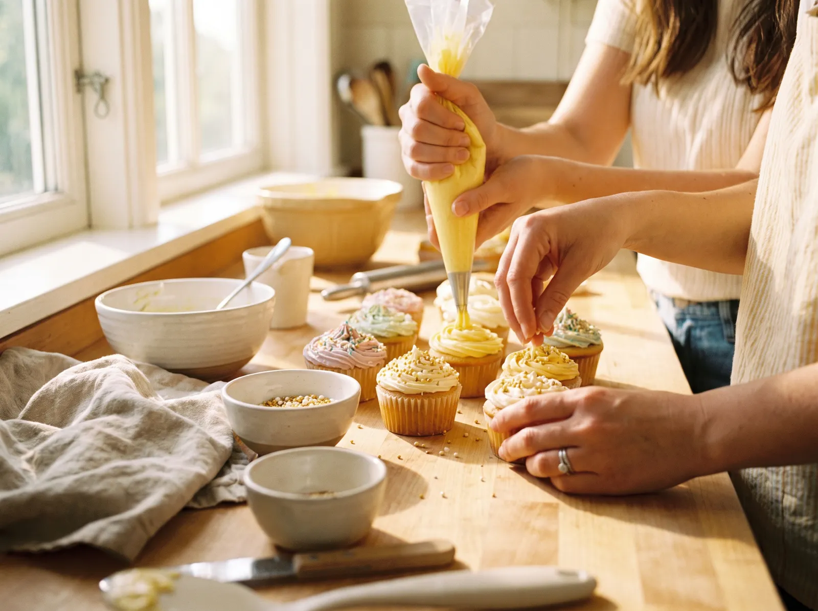 A support worker and participant cooking breakfast together in a sunlit kitchen