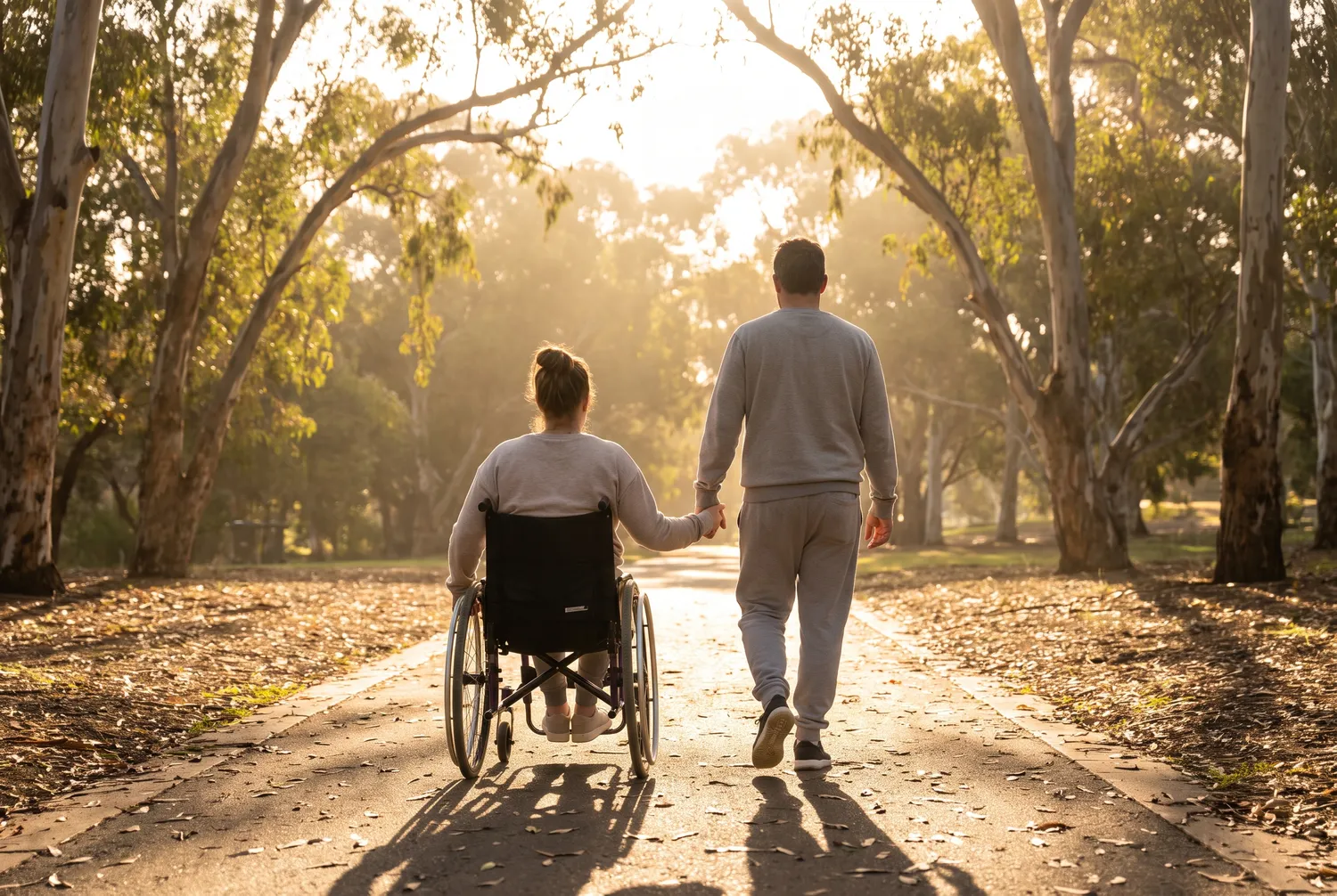 Two friends walking along a leafy Adelaide park path on a bright afternoon